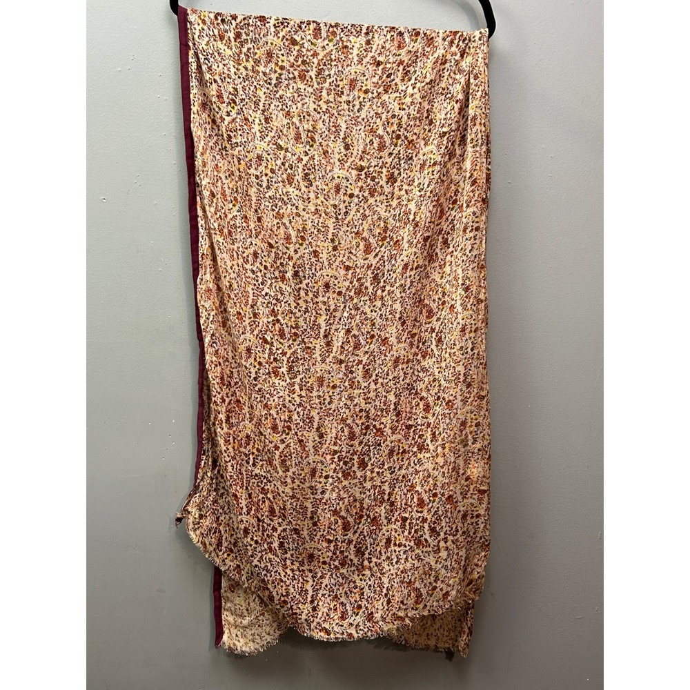 World Market Viscose Floral Print Scarf Maroon Border Frayed Hem Large